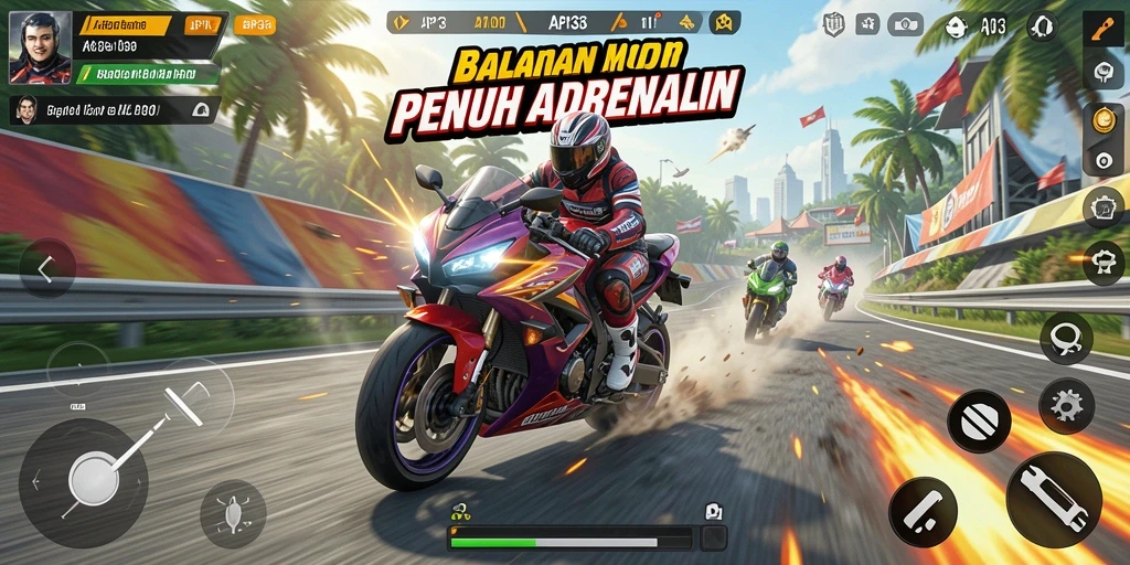 Tampilan gameplay yang mendebarkan dalam balapan motor.
