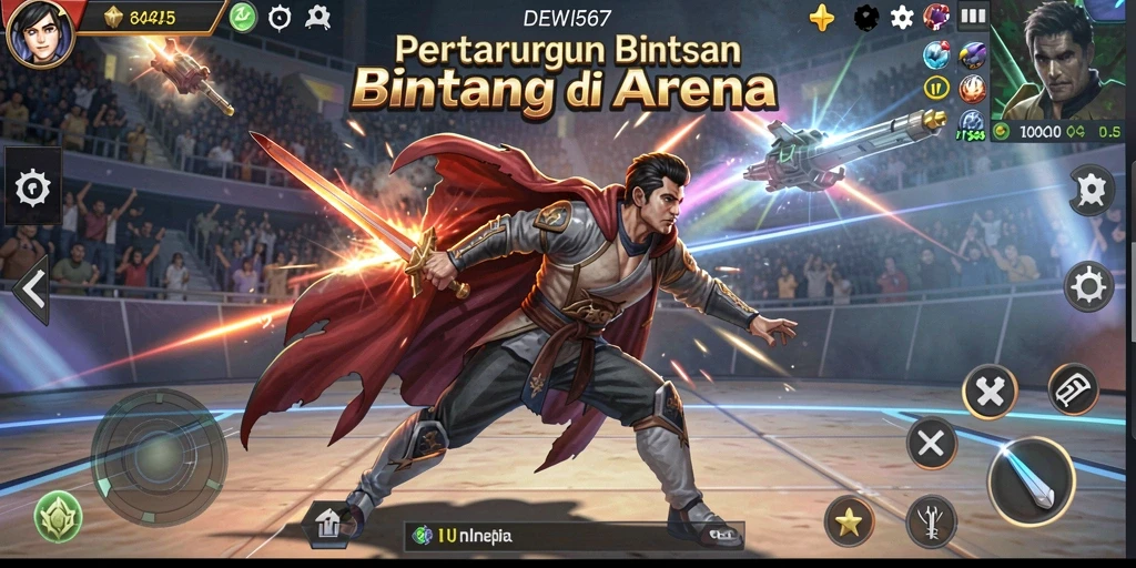 Screenshot DEWI567 menunjukkan aksi pertarungan di arena yang menegangkan.