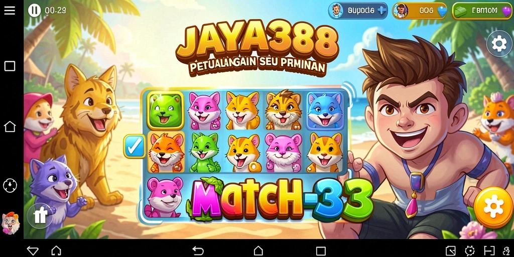 Screenshot JAYA388 menampilkan gameplay seru dan penuh warna dari permainan Match-3.